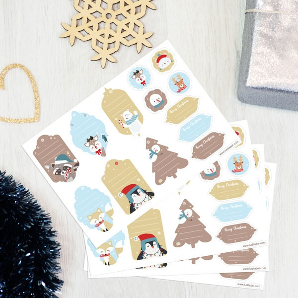 Etiquetas de presentes de Natal - Animais Dourados e Azuis